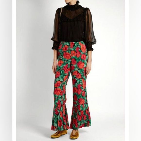 1600.00 NWT GUCCI Silk  Printed red roses Kick pleated Wide Leg Pants 40 - Picture 1 of 7